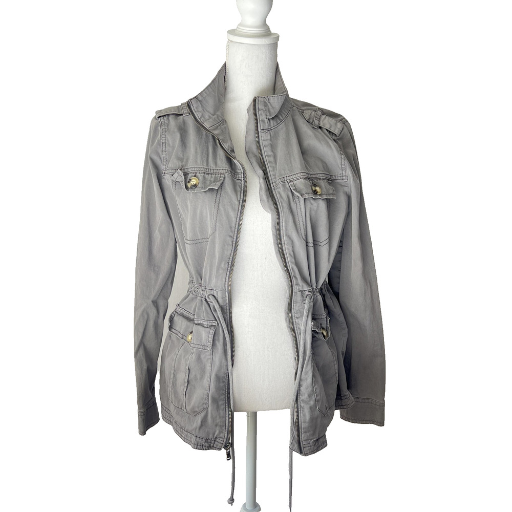 So Jacket Juniors Medium Gray Green Military Utility Drawstring Gorp Grunge Army